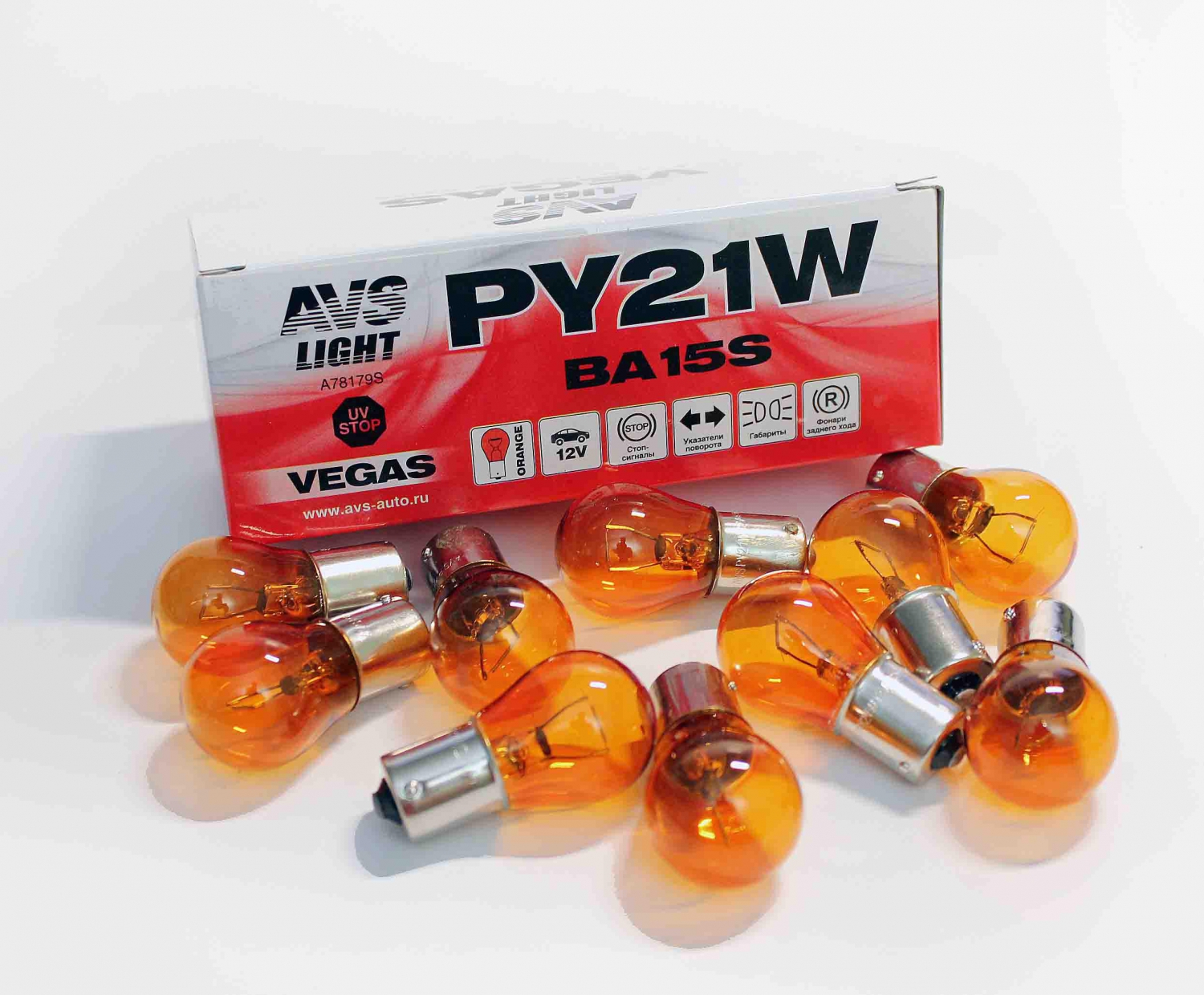 Лампа AVS Vegas 12V. PY21W (BAU15S) orange BOX (10 шт.) смещ.штифт